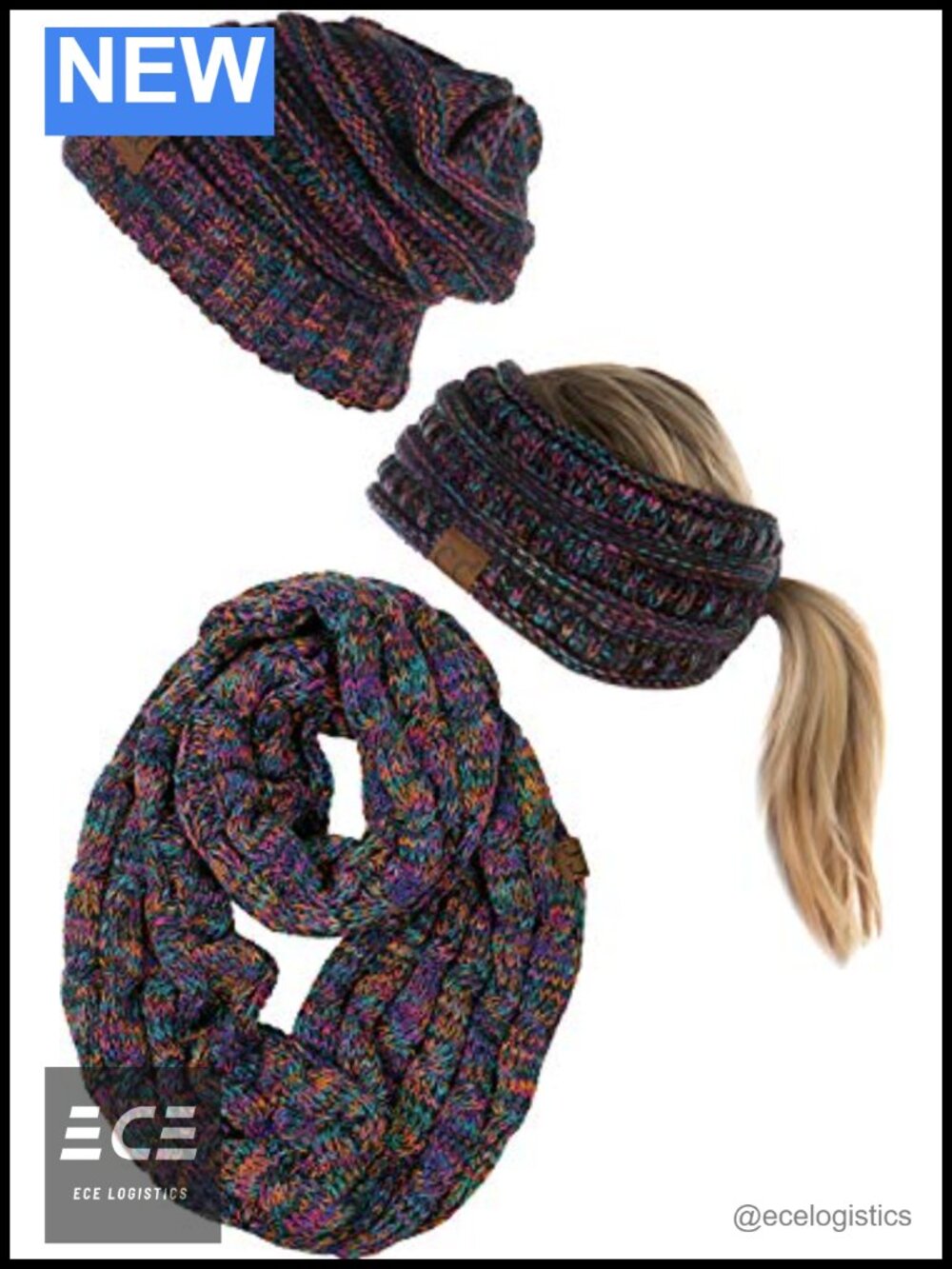 Oversized Beanie Infinity Scarf Ponytail Headwrap Knit Set